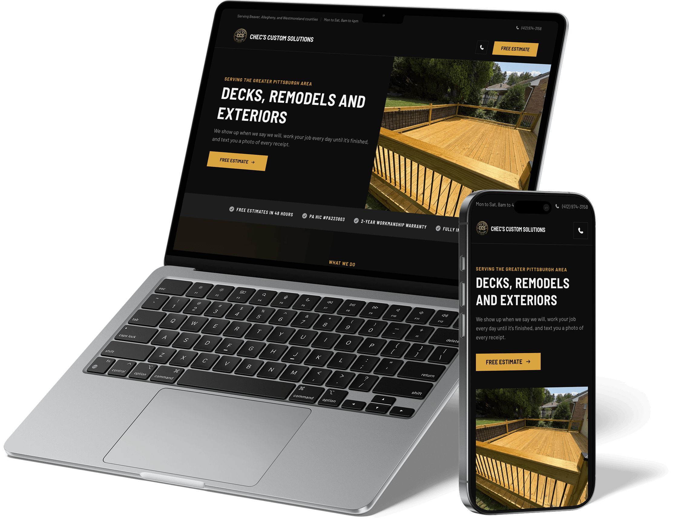 A contractor website shown on a laptop and a phone