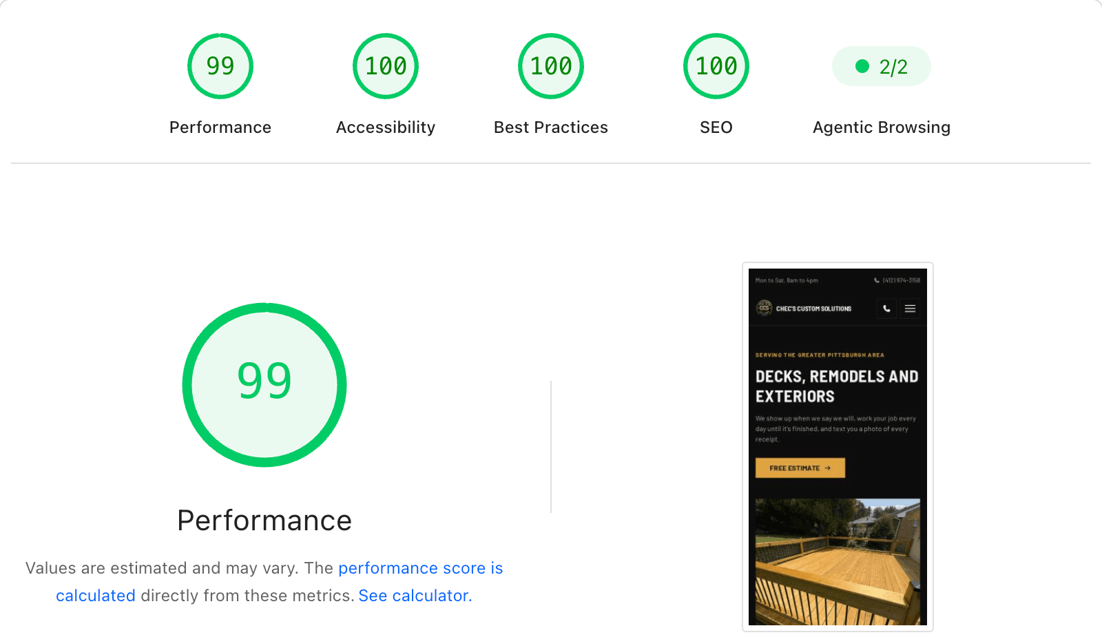 Google PageSpeed Insights results for a client site showing 99 for performance and 100 for accessibility, best practices and SEO.
