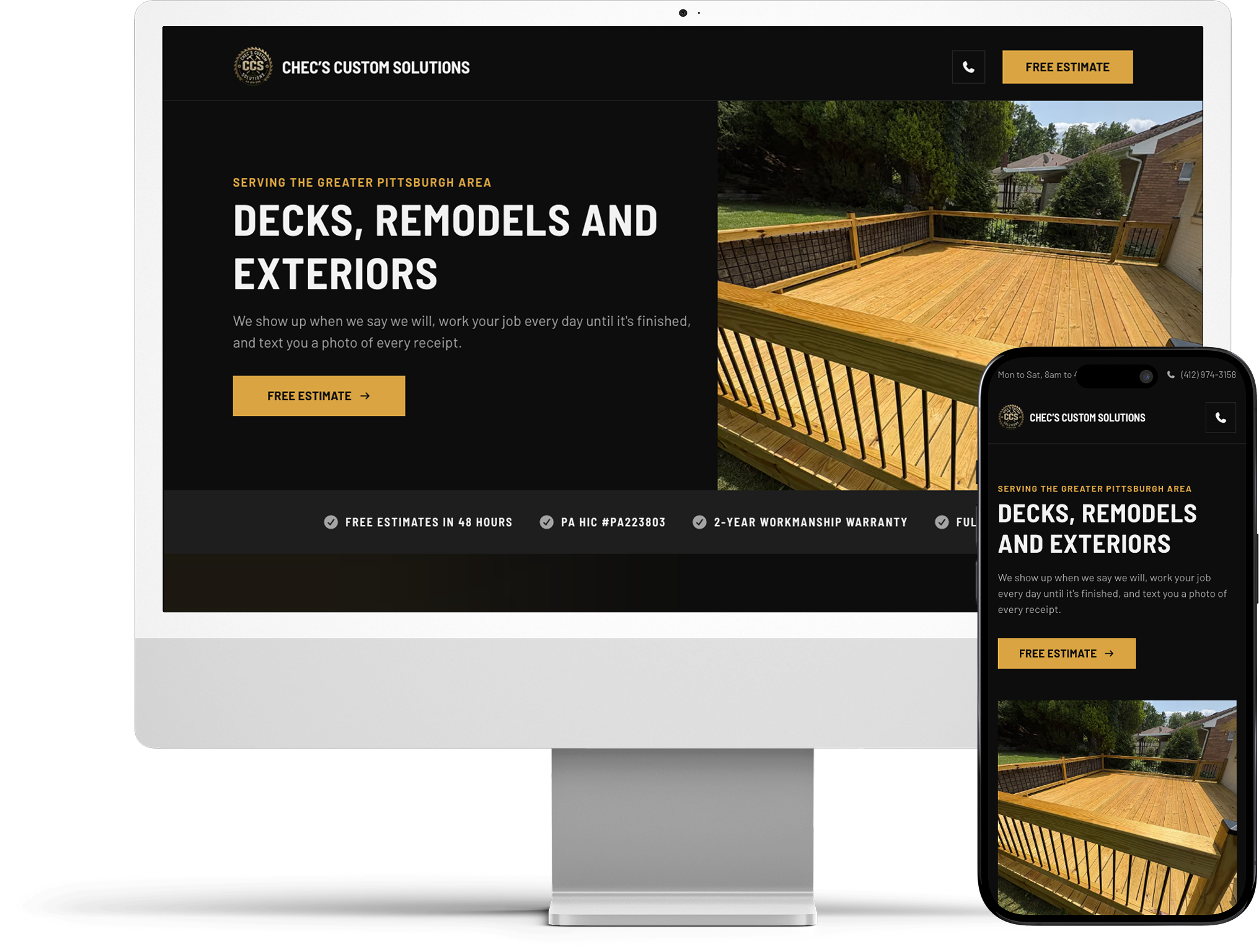 The Chec's Custom Solutions website shown on a desktop monitor and a phone